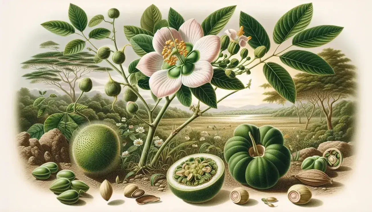 Planta con flor rosa pálida y estambres amarillos, brote verde, fruto esférico maduro y semillas marrones en suelo natural, rodeada de follaje verde bajo luz solar filtrada.