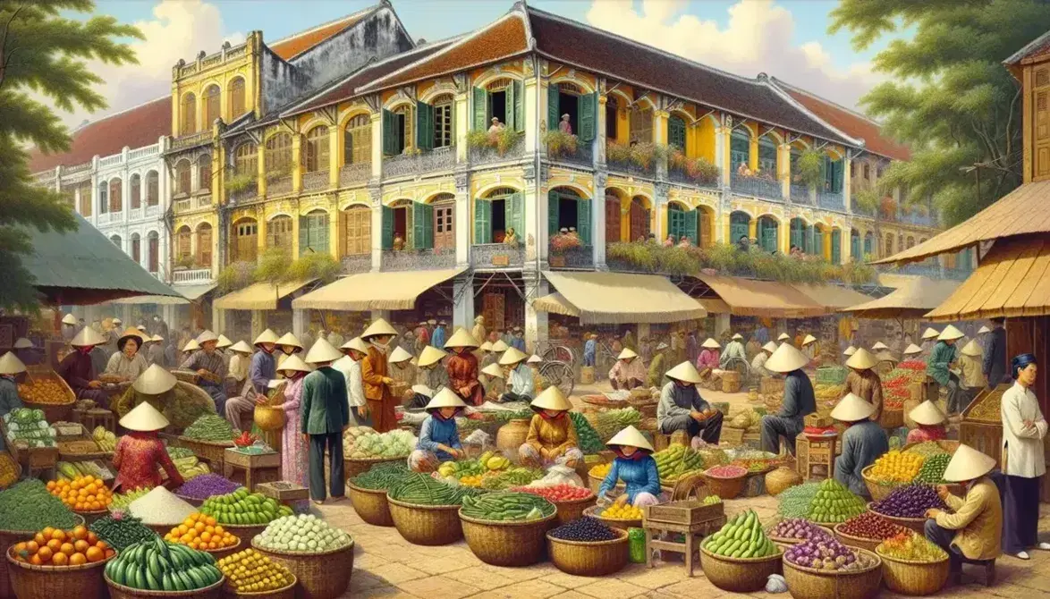Bustling Hanoi street market with vibrant fruits, vegetables, vendors in nón lá hats, and French colonial buildings with terracotta roofs under a clear sky.