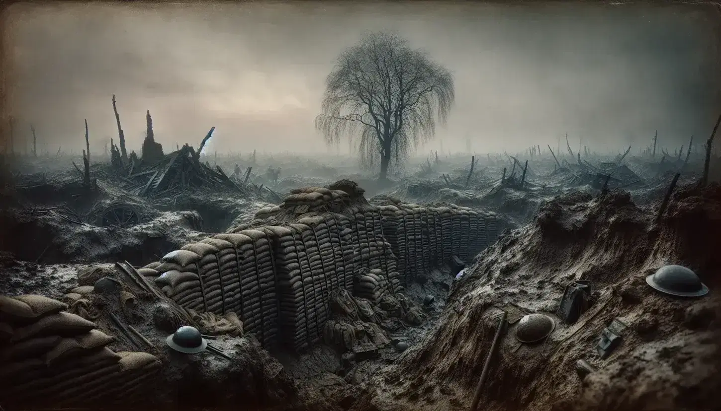 Paesaggio desolato di un campo di battaglia della Prima Guerra Mondiale con trincea erosa, alberi spogli e rovine di edifici sotto un cielo grigio.