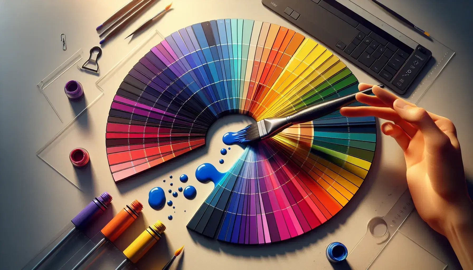 Mano che tiene un pennello con punta immersa nel colore blu cobalto, con gocce sospese, davanti a una tavolozza arcobaleno e strumenti da grafico sfocati.