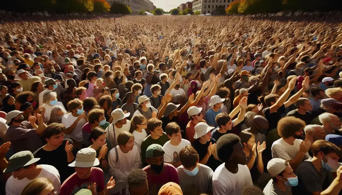 Multi-ethnic crowd attends event in public square with people of different ages and genders raising hands, background of trees and buildings.