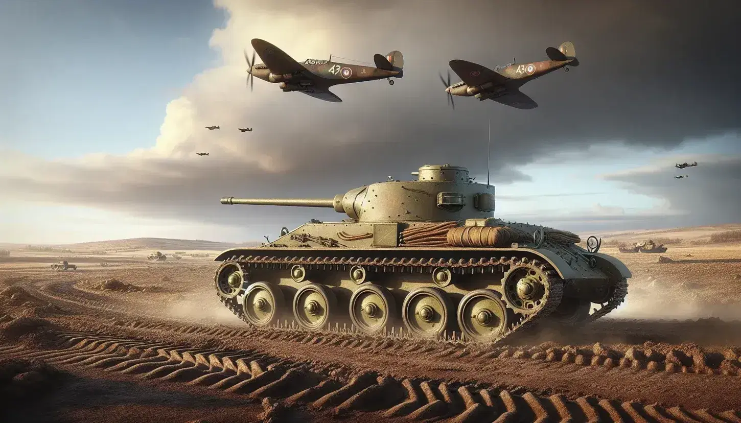 Carro armato italiano M13/40 fermo su terreno arido con aerei da caccia in volo e colline sullo sfondo al tramonto.