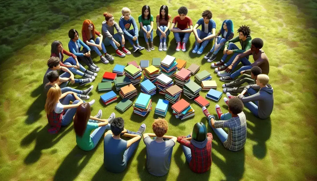Diverse teenagers in casual wear sit in a circle on grass, engaging in discussion around a pile of colorful books, with trees and clear sky in the background.