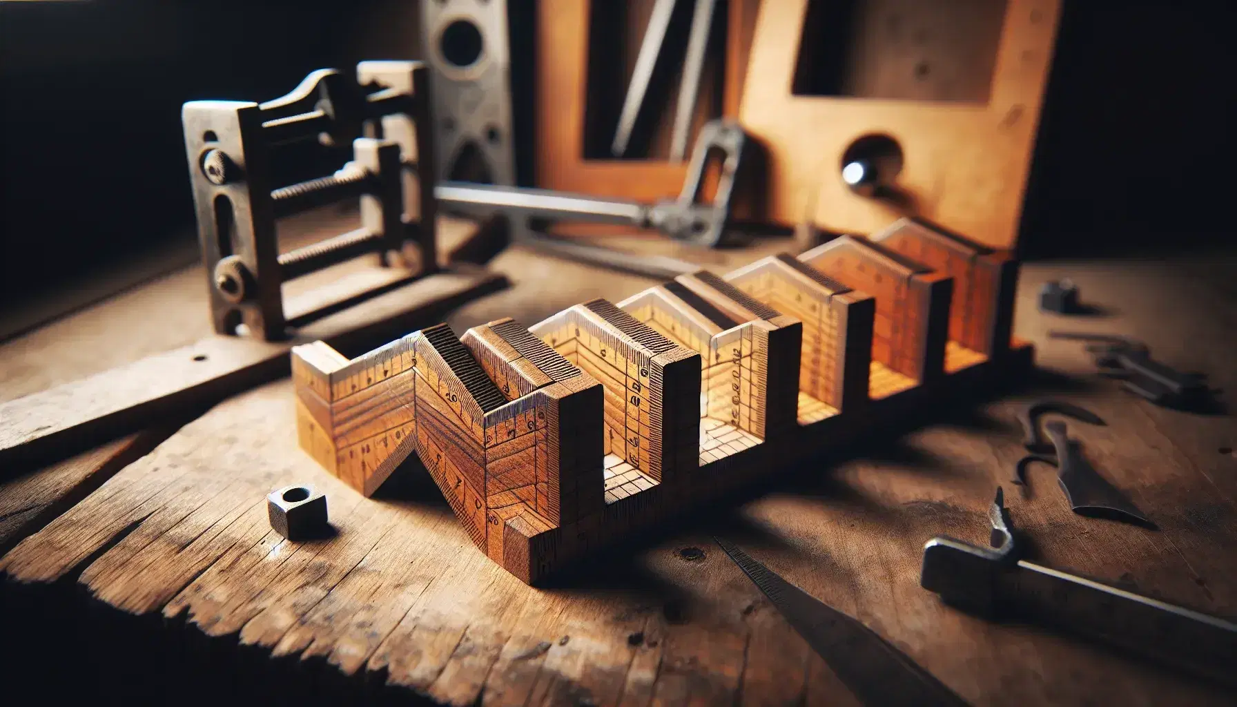 Primer plano de regla de carpintero de madera desplegada en zigzag con herramientas de medición antiguas desenfocadas al fondo sobre banco de trabajo.