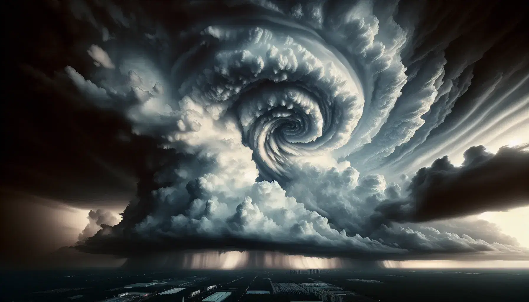 Cielo tempestoso con nuvole scure a spirale e alberi in silhouette all'orizzonte, senza persone o animali visibili.