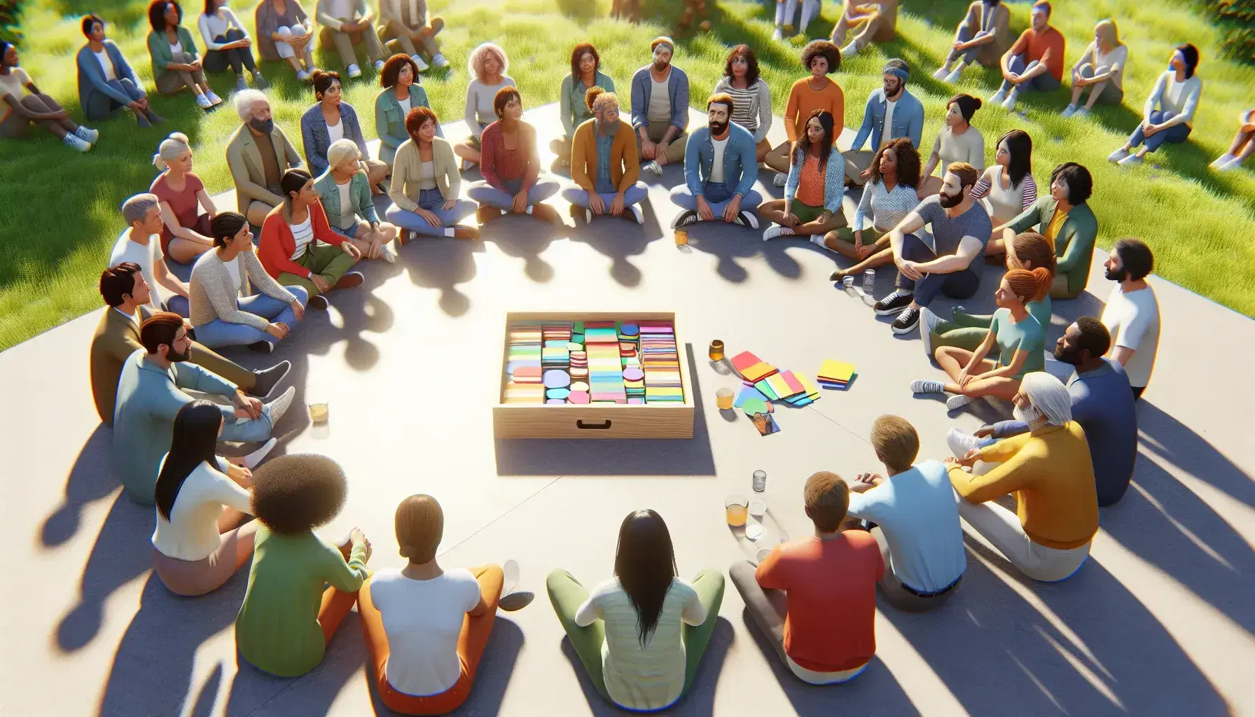 Grupo diverso de personas sentadas en círculo en un parque, dialogando alrededor de una caja de madera con tarjetas de colores, bajo un cielo azul con árboles.