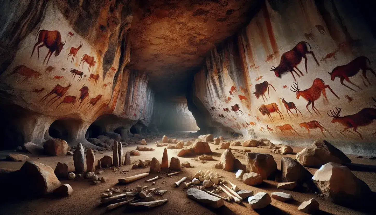 Cueva prehistórica con pinturas rupestres de bisontes y caballos, herramientas de piedra y restos óseos, evocando una atmósfera ancestral.