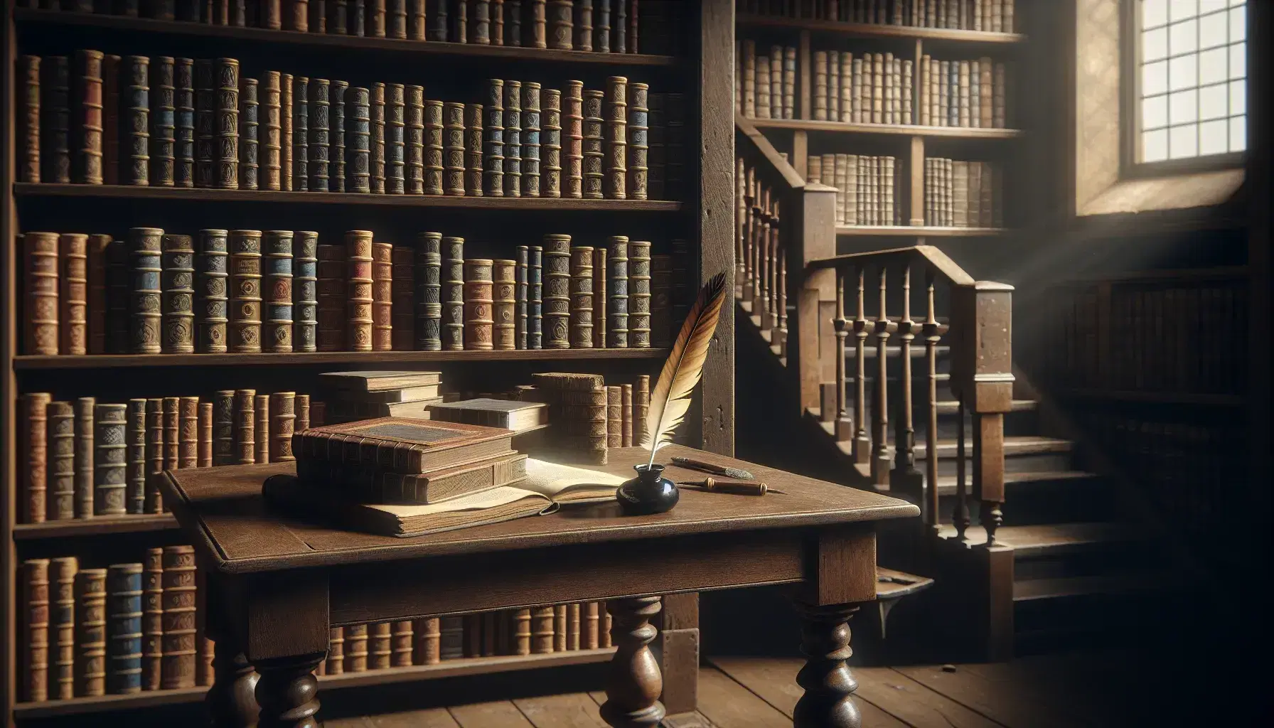 Biblioteca antigua con estanterías de madera oscura llenas de libros, mesa con libro abierto y pluma en tintero, luz natural de ventana creando efecto de claroscuro.