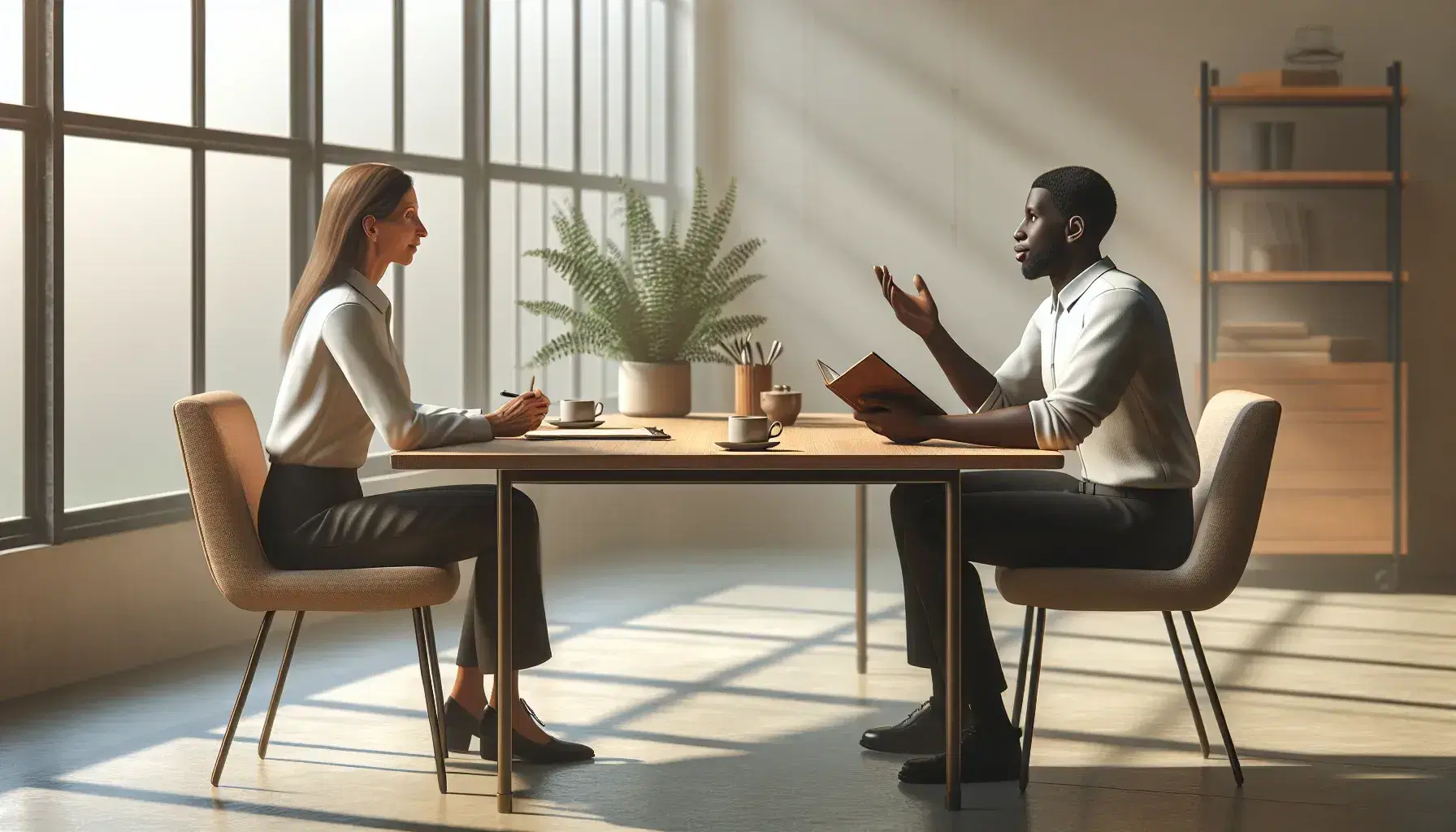 Mujer caucásica tomando notas y hombre afrodescendiente gesticulando en una reunión de trabajo, con tazas de café y planta sobre mesa de madera bajo luz natural.