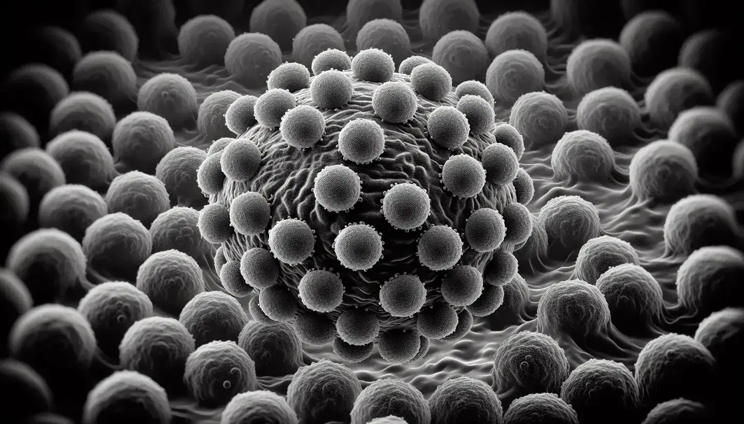 Electron microscope view of spherical virus particles with distinct capsids infecting a larger host cell, highlighting the viral entry process.