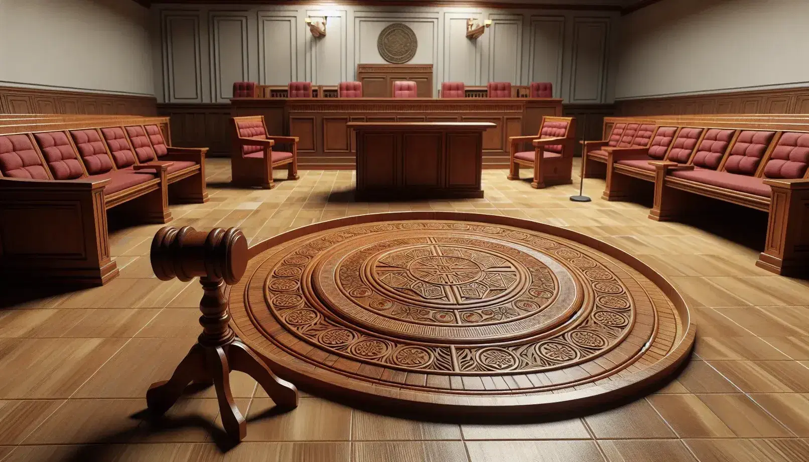 Empty courtroom interior with judge's bench, witness stand, jury seats with red cushions, ornate floor seal, and gallery benches in soft lighting.