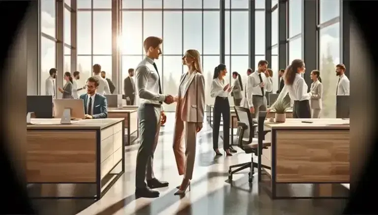 Grupo diverso de profesionales en oficina moderna con grandes ventanas, saludándose con un apretón de manos y trabajando en sus estaciones.