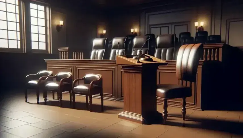 Empty courtroom with judge's bench, witness seat, defense and prosecution desks, jury box and benches for the public.