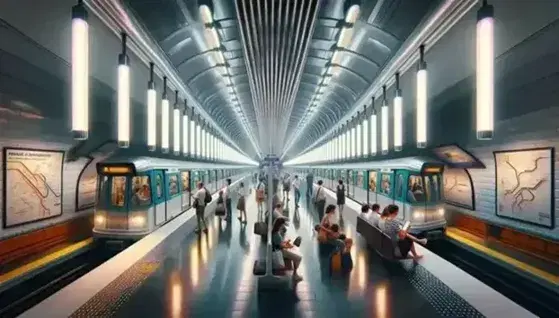 Stazione metro parigina affollata con treno moderno, passeggeri in attesa e seduti su panchine, illuminazione soffusa e pavimento segnato da linee gialle.