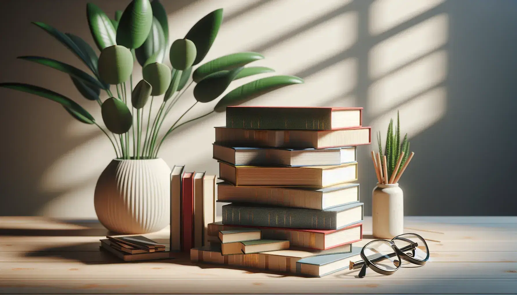 Pilas de libros de colores variados sobre mesa de madera clara con gafas negras y planta verde en maceta blanca al fondo.