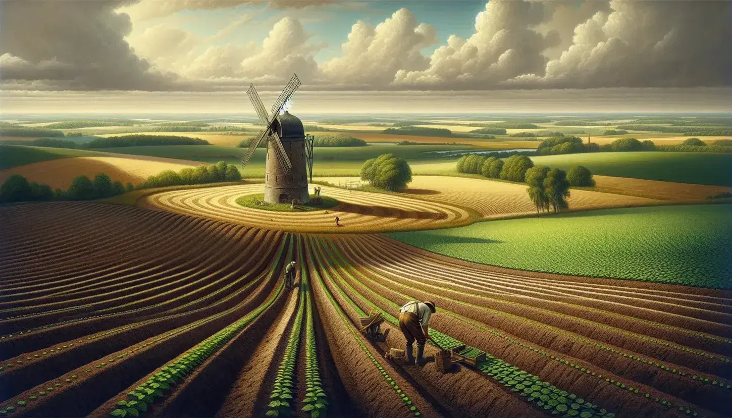 Paisaje rural con campos de cultivo y un agricultor trabajando la tierra con una herramienta manual, un molino de viento tradicional al fondo y cielo parcialmente nublado.