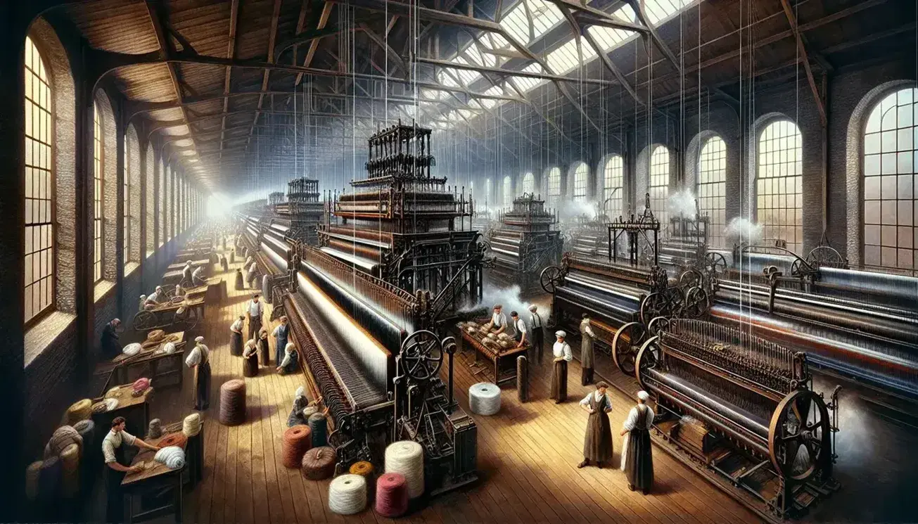 Tessitura meccanica in fabbrica tessile britannica durante la Rivoluzione Industriale, con operai tra telai e ingranaggi.