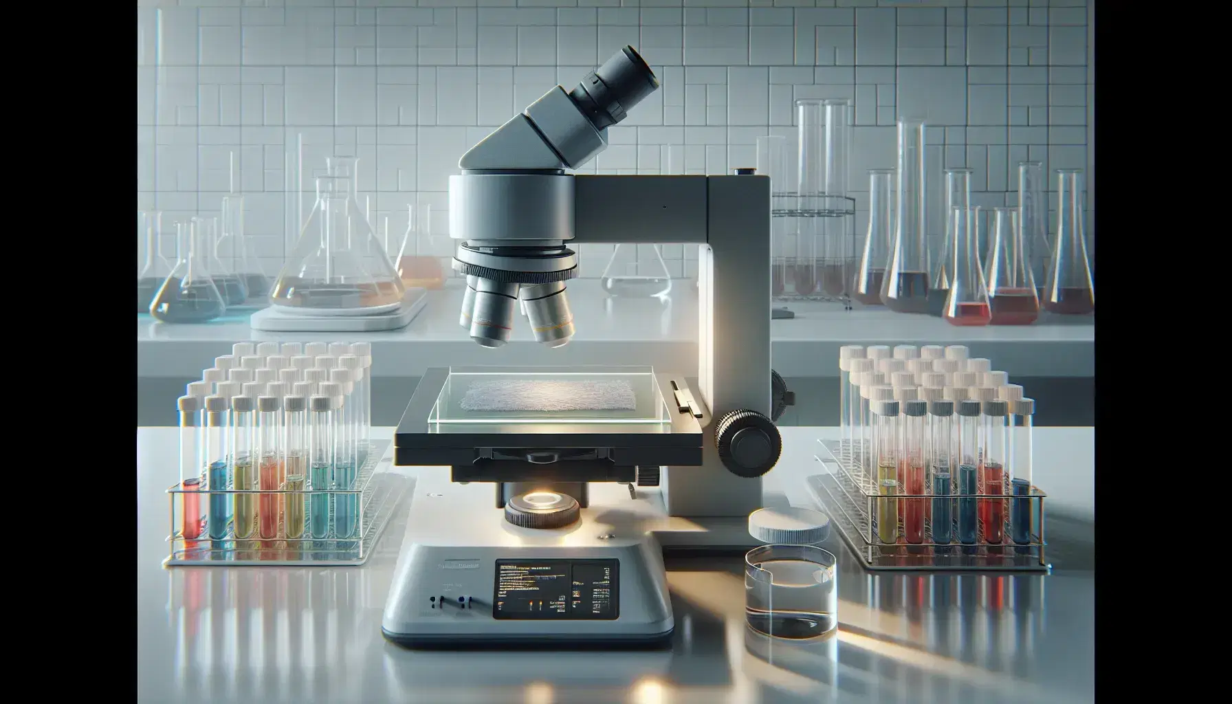 Microscopio elettronico grigio con vetrino di tessuto biologico e provette colorate in laboratorio scientifico, mano guantata regola l'ingrandimento.