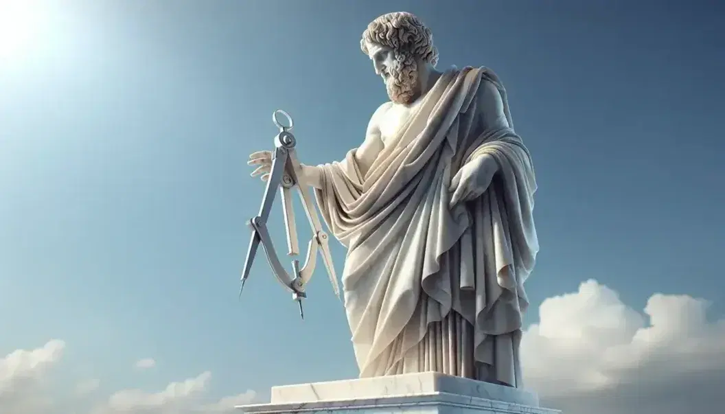 Escultura de mármol blanco de filósofo griego antiguo con compás, bajo cielo azul con nubes, destacando detalles y sombras suaves.