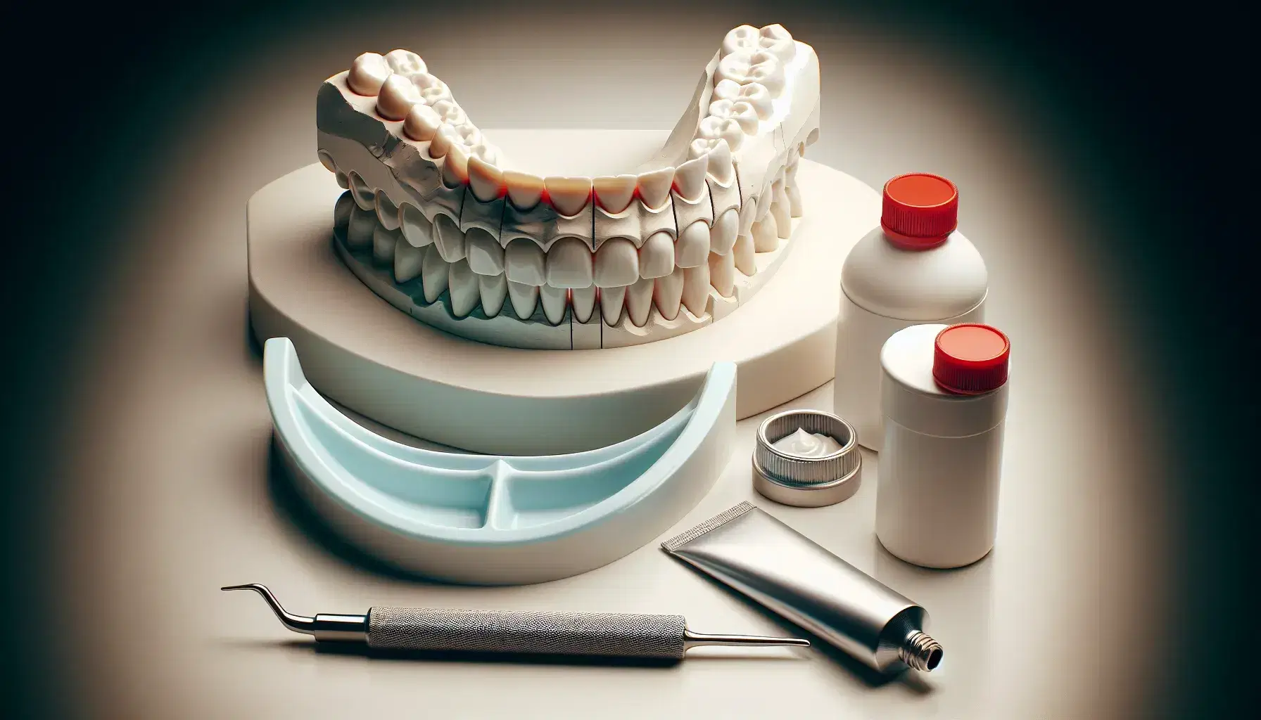 Bandeja de impresión dental azul, material de impresión en tubo con tapa roja, modelo dental de yeso blanco y espátula metálica con mango negro sobre superficie clara.