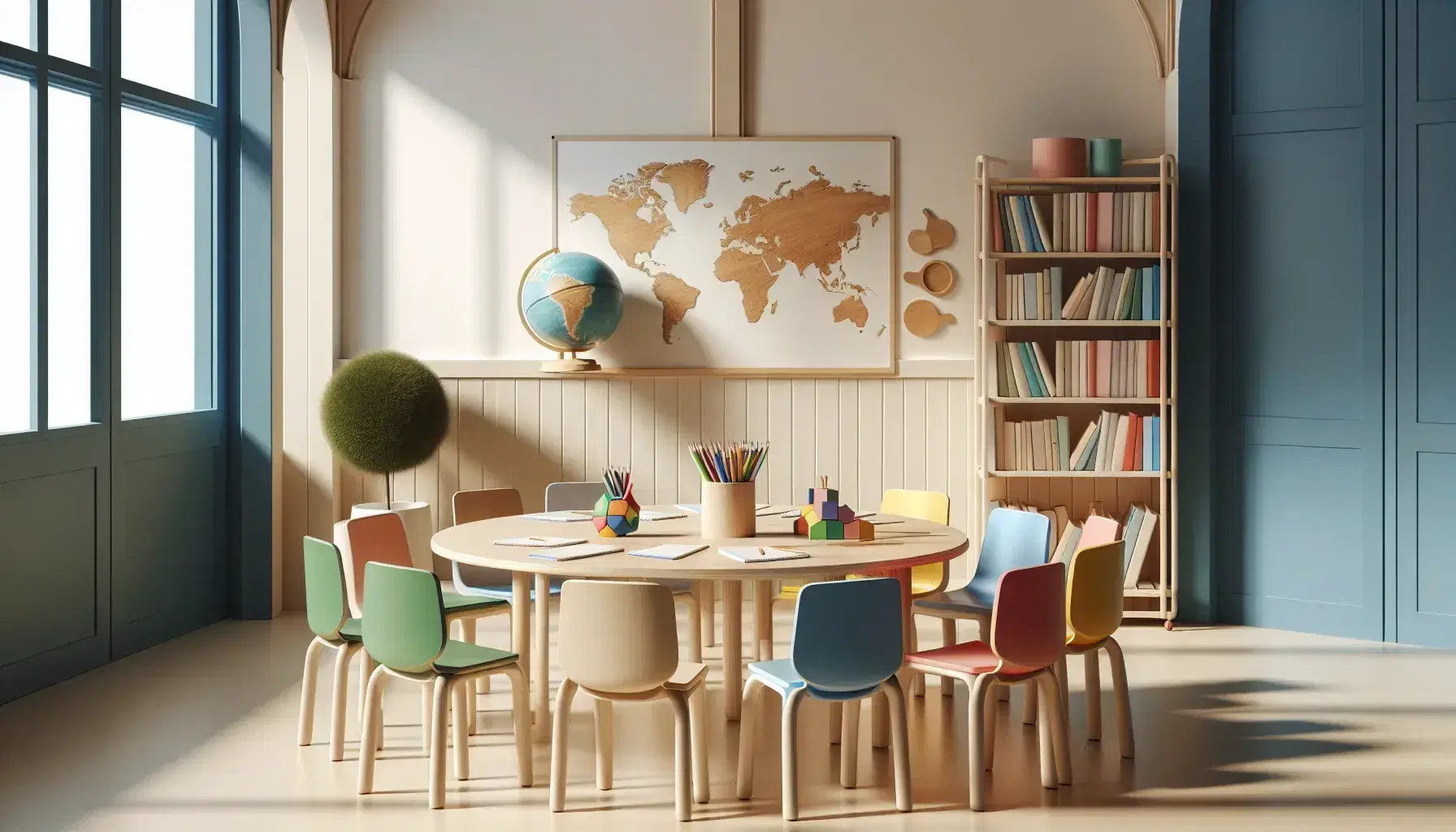 Aula luminosa con paredes color crema, mesa redonda de madera, sillas plásticas multicolores, útiles escolares, estantería con libros, pizarra blanca, planta y globo terráqueo.