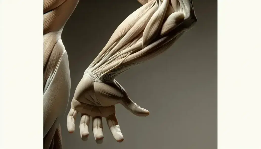 Brazo y mano humanos con la piel clara mostrando músculos y tendones, iluminados suavemente para resaltar texturas y formas anatómicas, en un fondo neutro.