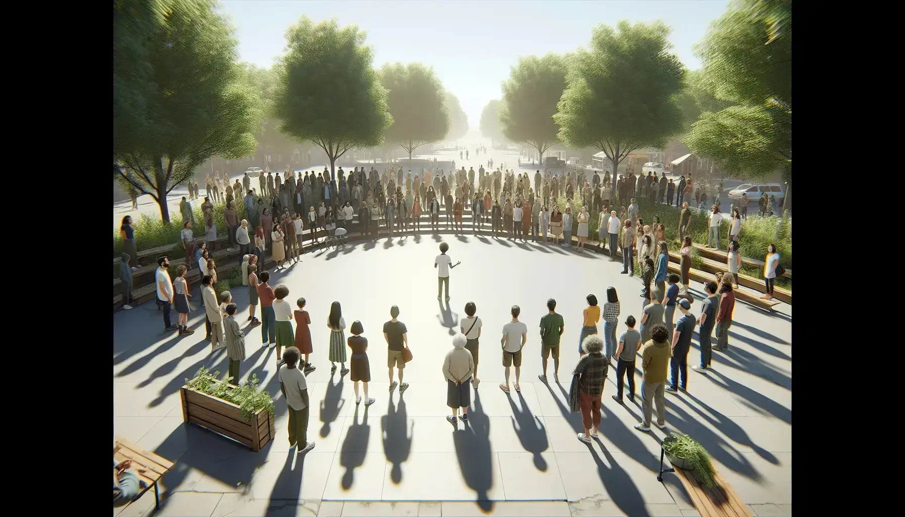 Grupo diverso de personas atentas a un orador en un parque soleado con árboles y bancos, reflejando interacción humana y naturaleza urbana.