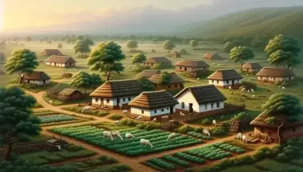 Rural landscape at dusk with traditional thatched houses, dirt path, crops, grazing animals and soft hills at sunset.