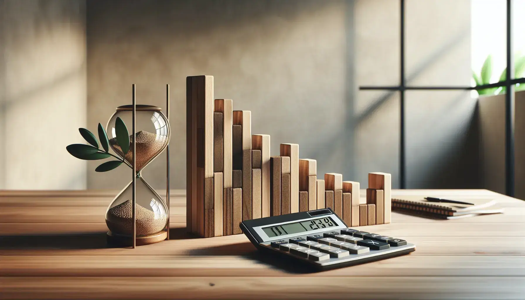 Escritorio de madera con calculadora moderna, gráfico de barras 3D de madera y reloj de arena, planta en fondo desenfocado y luz natural.