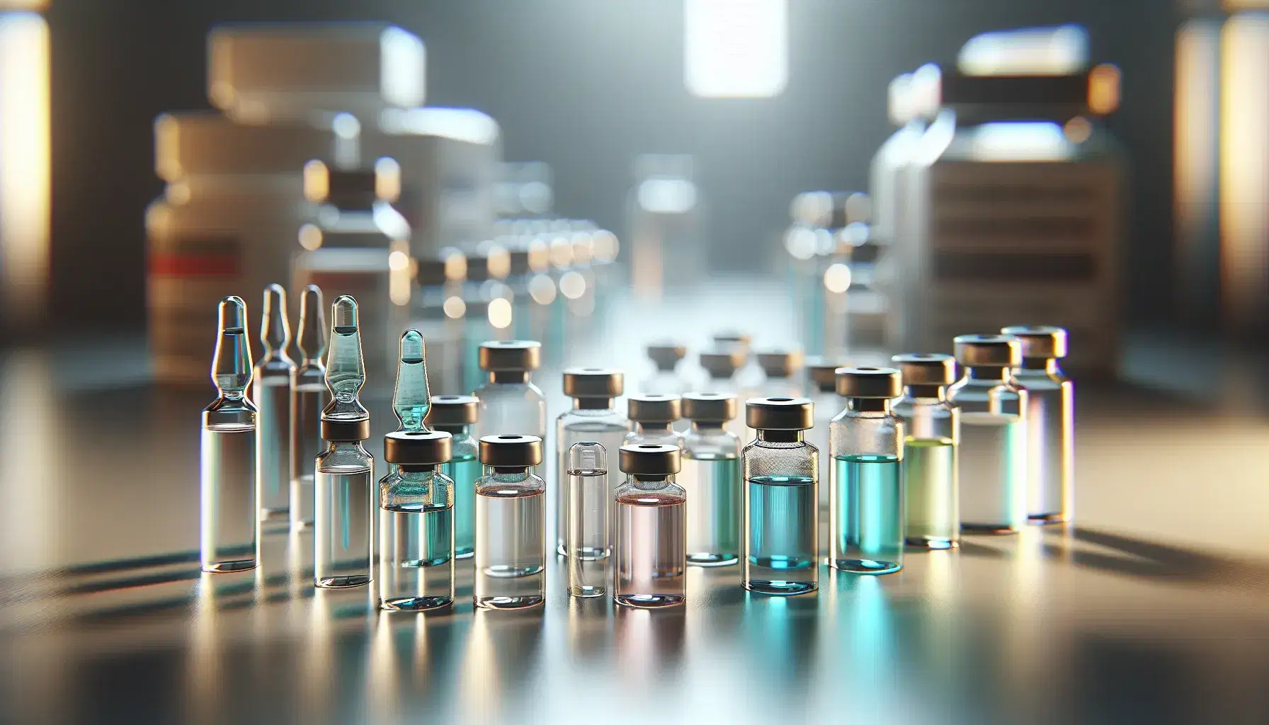 Viali di vetro trasparenti con tappi in gomma o metallo e liquidi colorati su superficie bianca riflettente in ambiente sfocato da laboratorio.