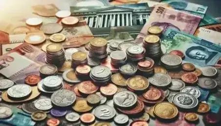 Monedas y billetes internacionales de diversas denominaciones dispersos en superficie plana con edificio institucional borroso al fondo.