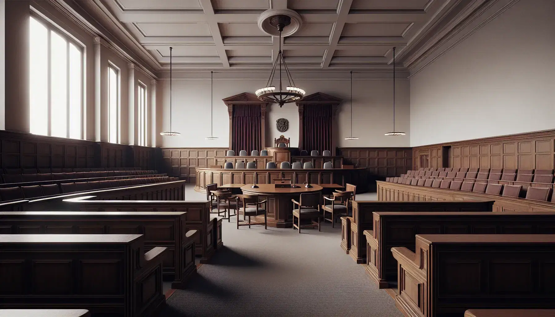 Interior view of Courtroom 600 in the Palace of Justice, Nuremberg, with tiered oak benches, long tables, and an elevated judge's bench.