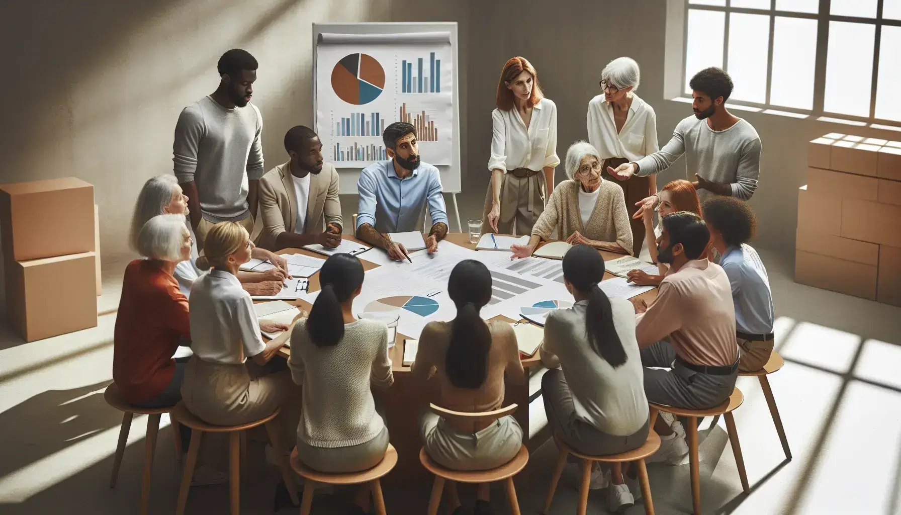 Grupo diverso de personas analizando gráficos en una reunión de trabajo, con papeles de datos en una mesa redonda y un pizarrón al fondo.
