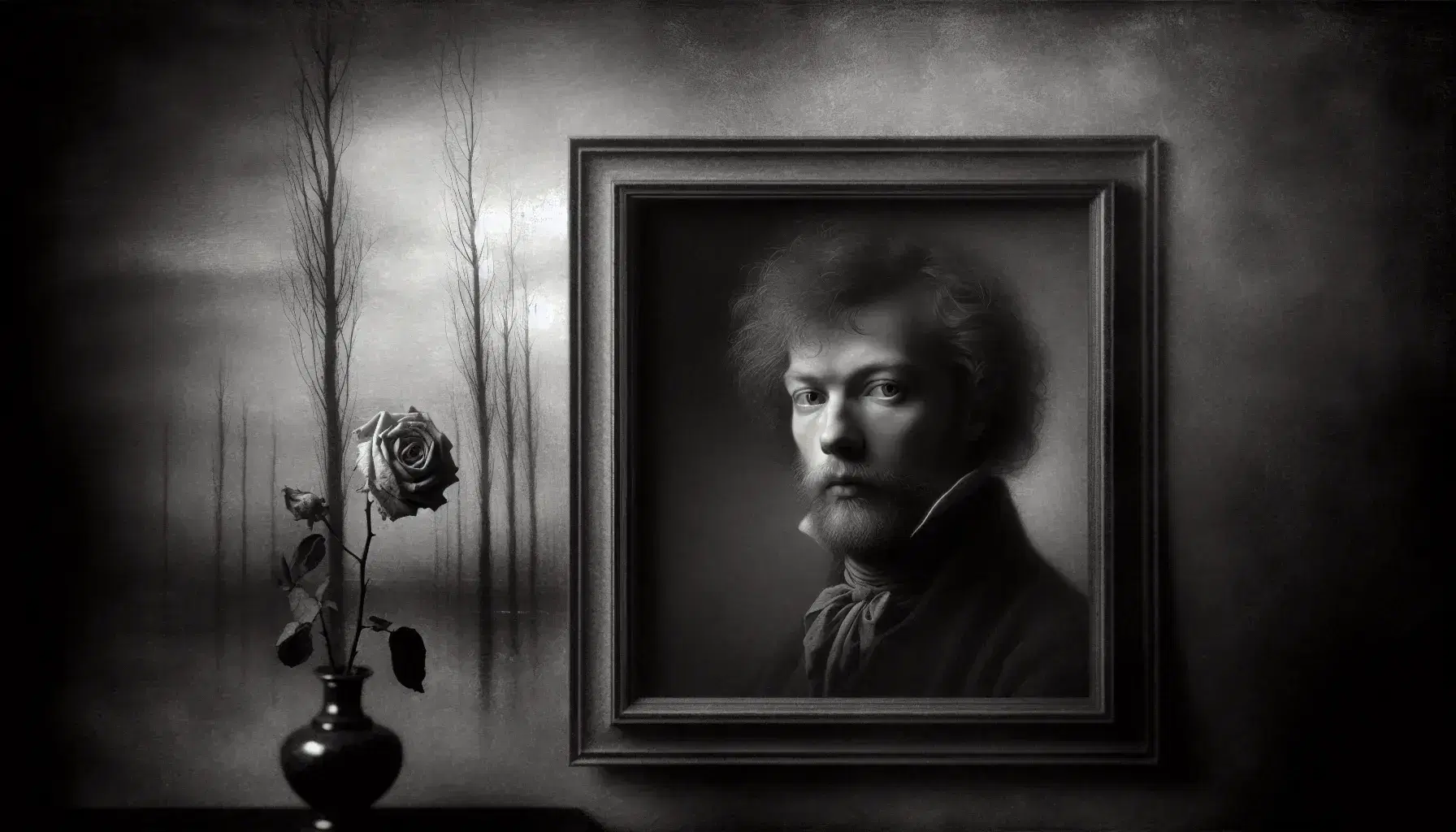 Ritratto in bianco e nero di uomo con barba folta e capelli corti in abiti d'epoca, con rosa appassita in primo piano e alberi spogli sullo sfondo.