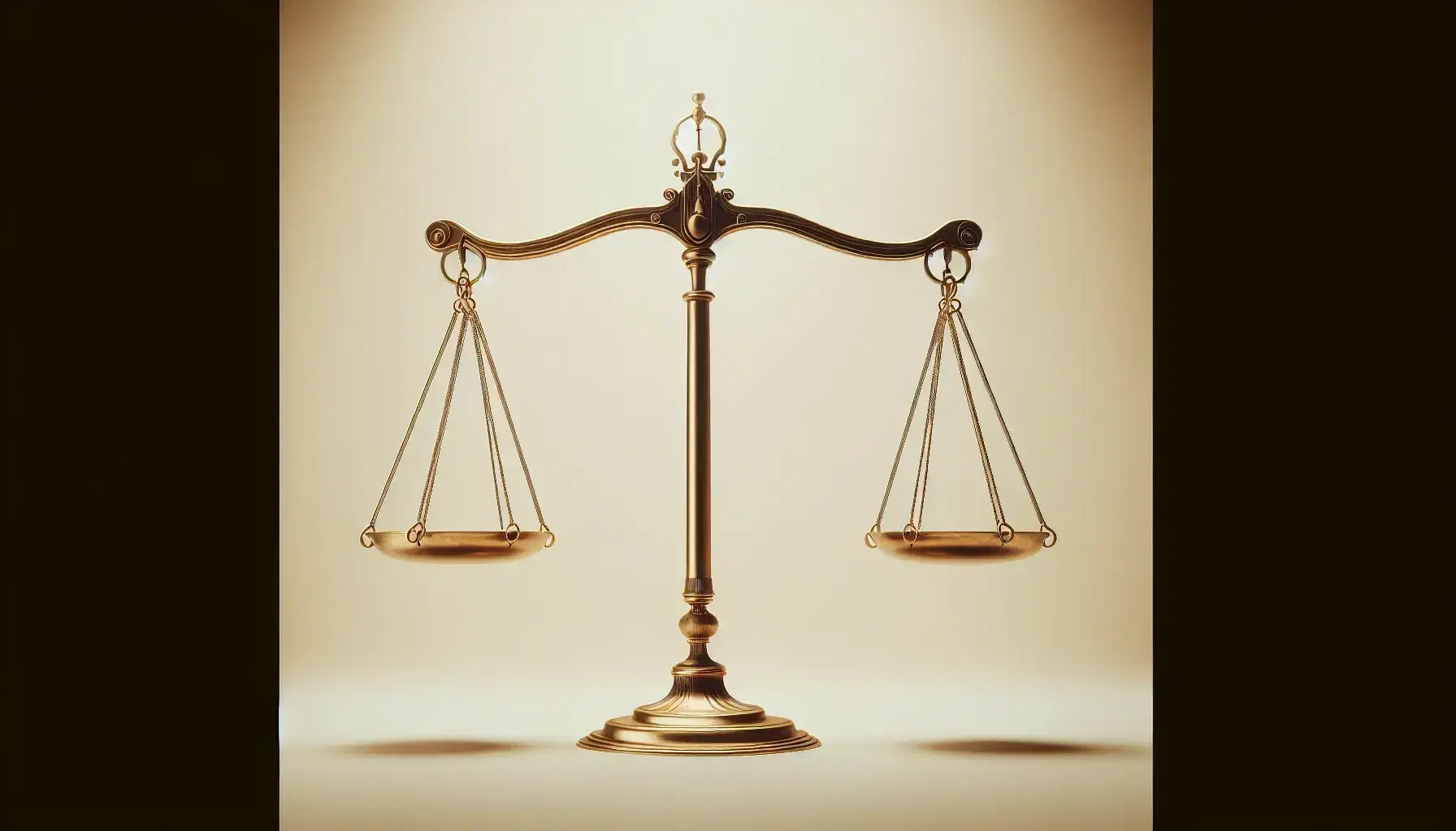 Golden balance scale in equilibrium on a light background, symbolizing justice with a reflective, polished finish and ornate stand design.