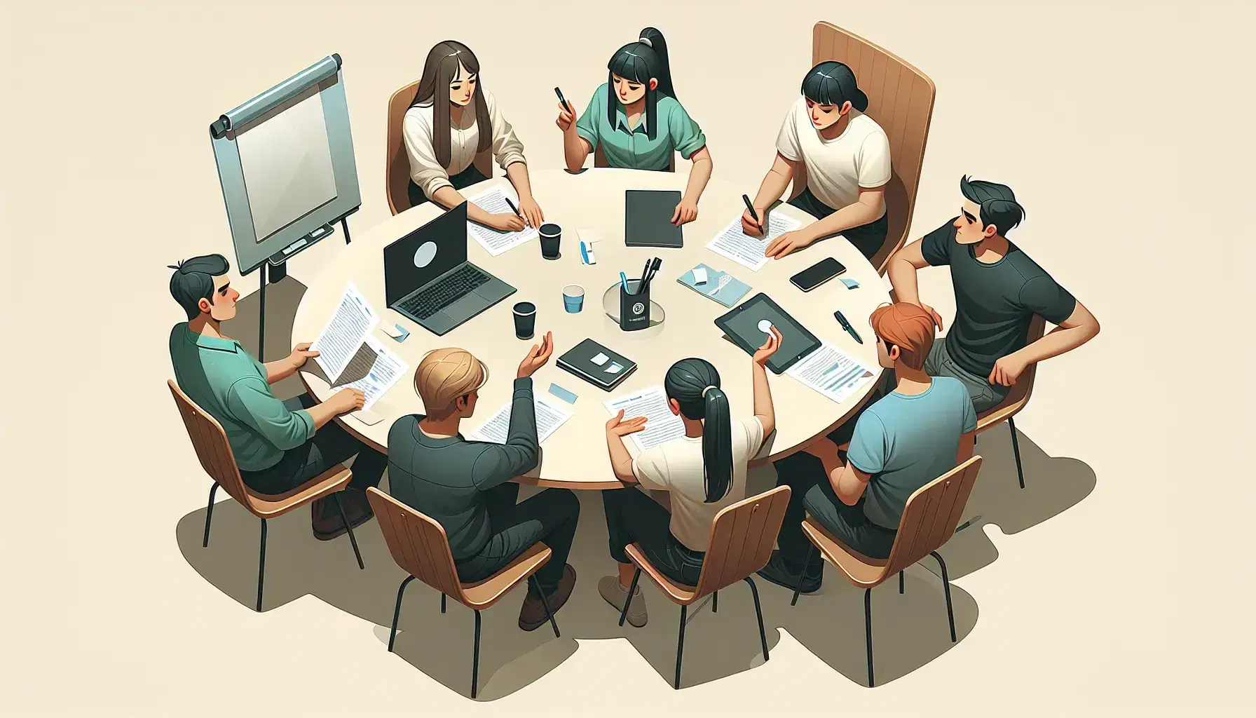 Grupo de cinco profesionales en reunión de trabajo alrededor de una mesa redonda con laptop, papeles y teléfono móvil en una oficina iluminada naturalmente.