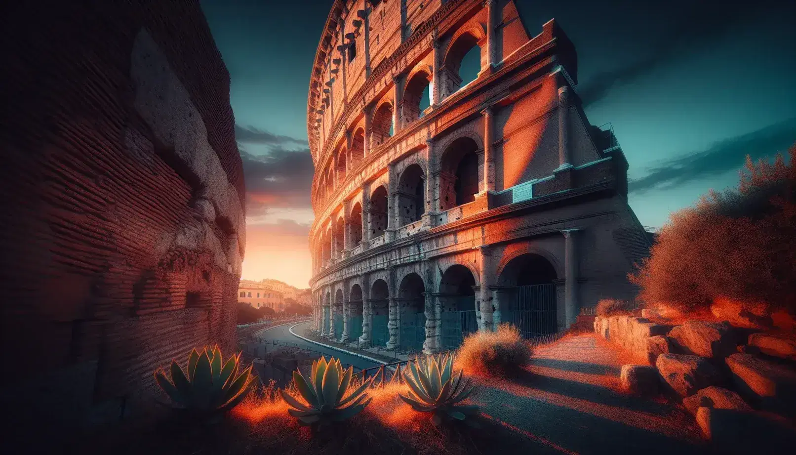 Tramonto sul Colosseo a Roma, con luci arancioni sulle antiche pietre, contrasto con il cielo blu e vegetazione mediterranea in primo piano.