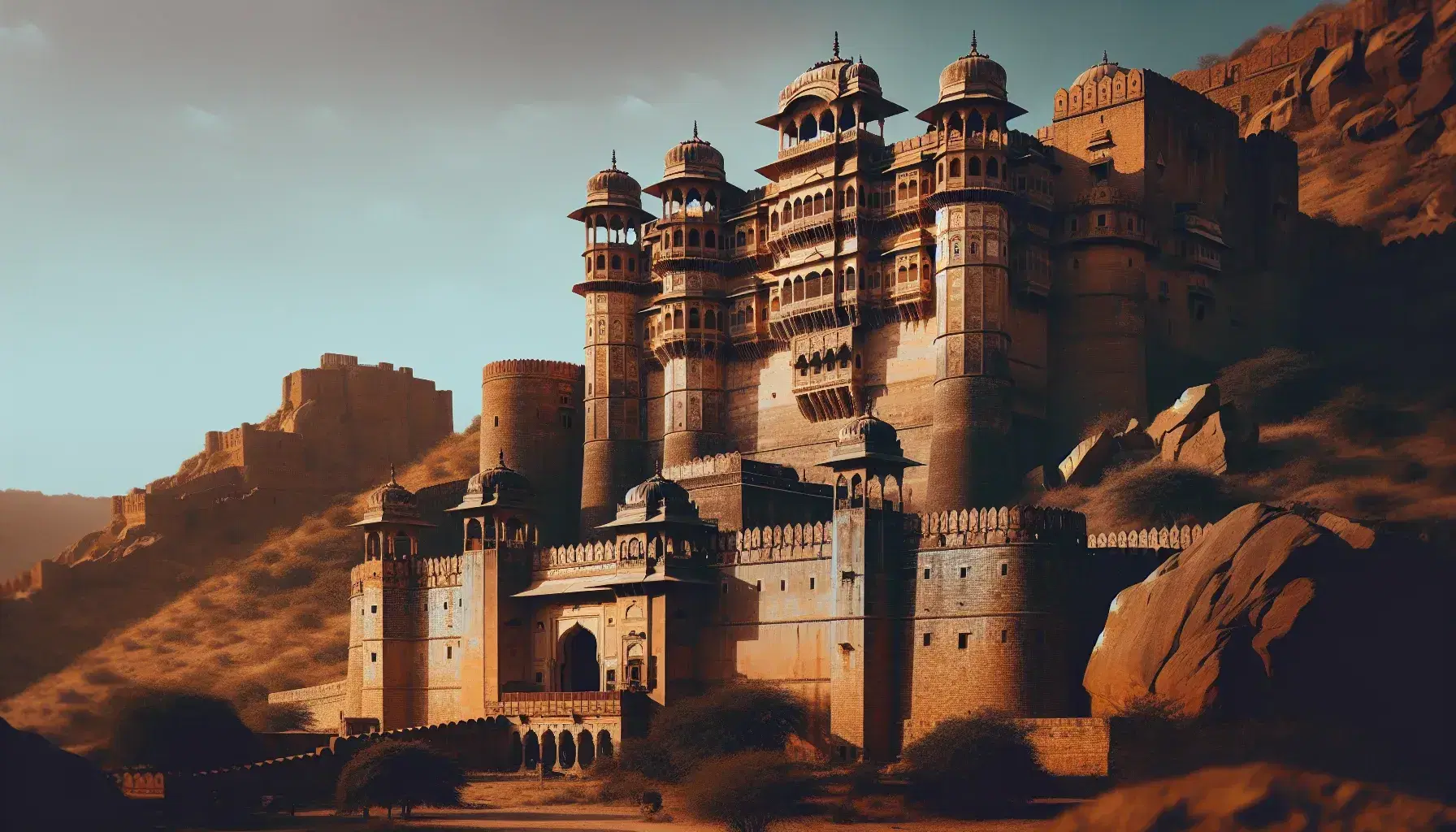 Majestic Rajput fort atop a hill with sandstone walls, domed pavilions, and a grand archway gate, surrounded by greenery against a blue sky.