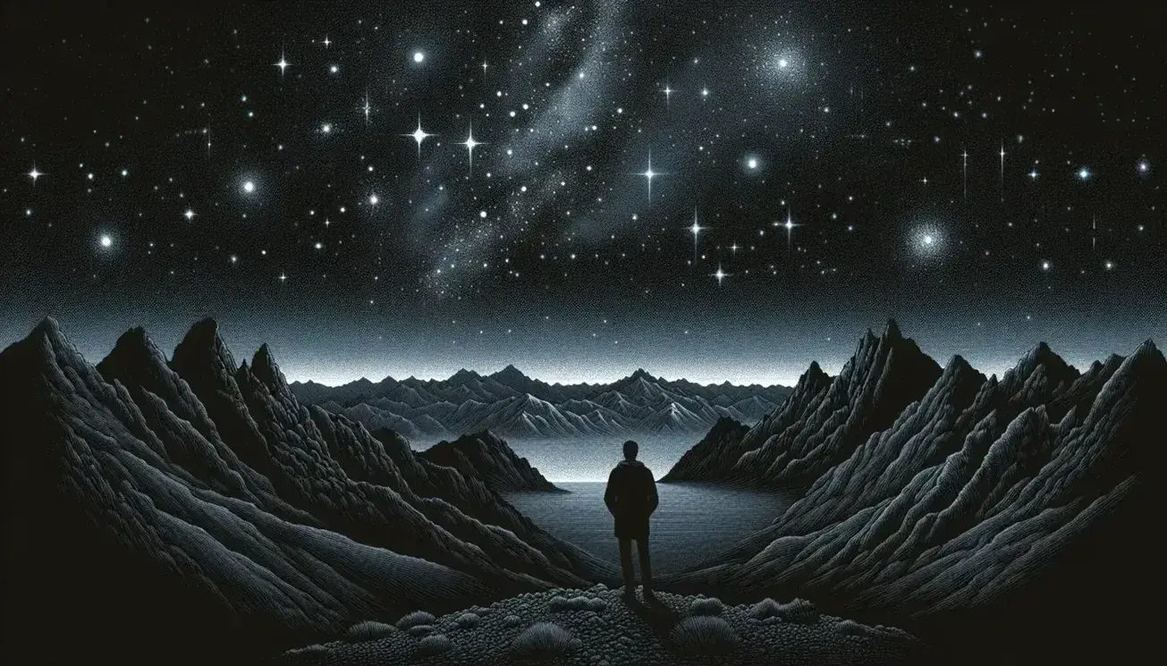 Cielo notturno stellato sopra montagne scure con figura umana in contemplazione, evocando tranquillità e meraviglia naturale.