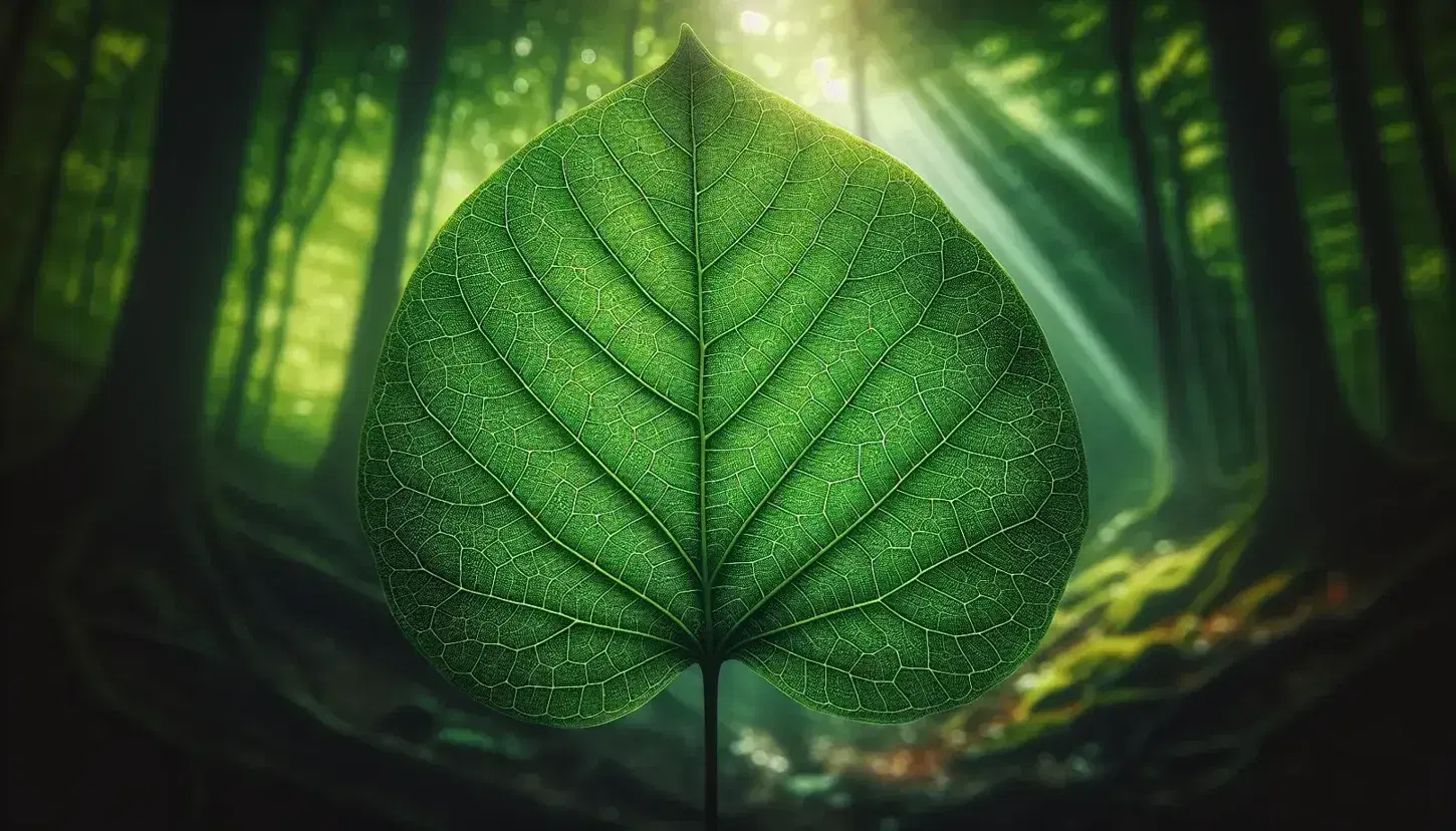 Bright green leaf in the foreground with visible vein network, solar reflections and natural blurred background.