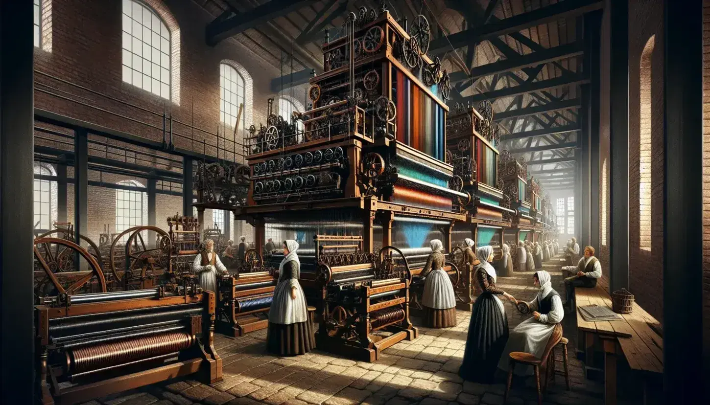 Escena de una fábrica textil de la Primera Revolución Industrial con máquinas de tejer de madera y metal, hilos coloridos y trabajadores en ropa de época bajo luz natural.