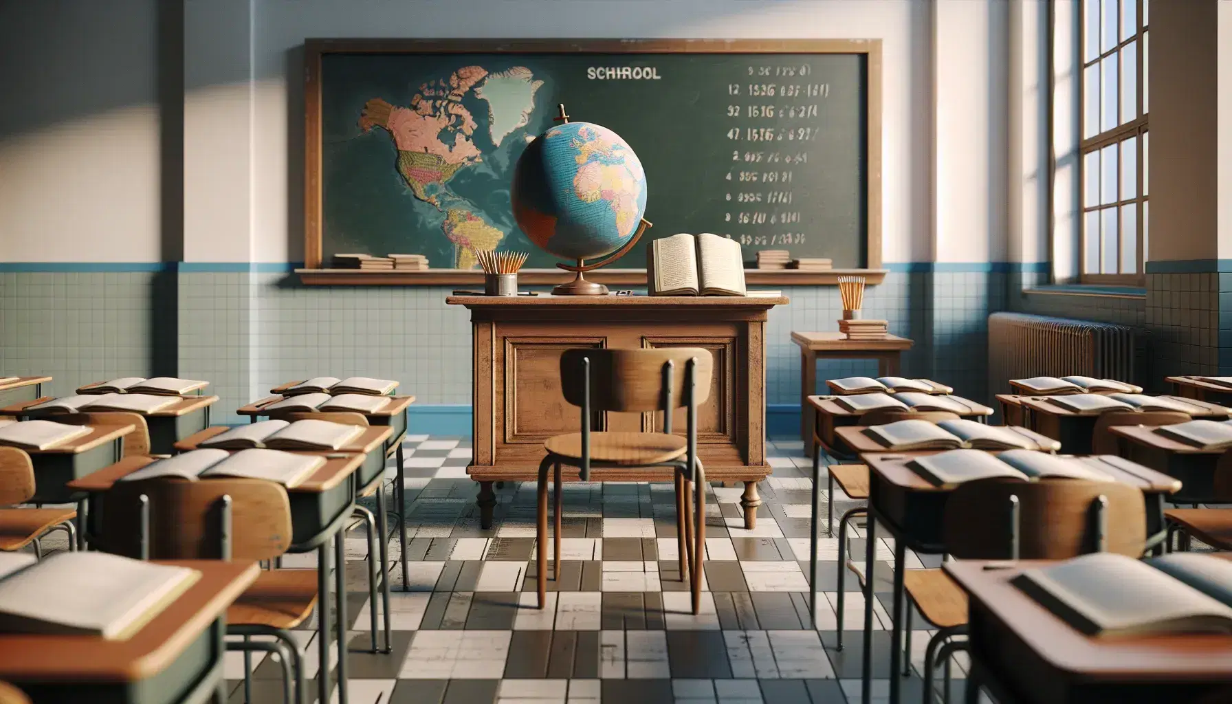 Classroom with wooden teacher's desk, open book, label-free globe, clean chalkboard, student desks with blank notebooks and pencils, checkered floor, and light blue walls.
