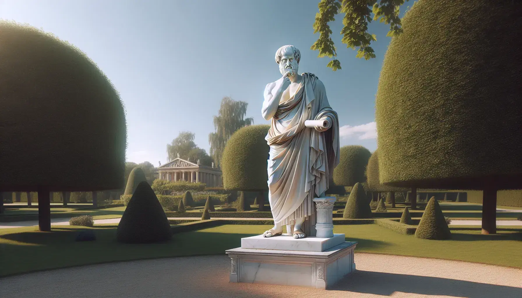 Estatua de mármol blanco de Aristóteles en pose pensativa con pergamino, en un jardín sereno bajo cielo azul despejado.