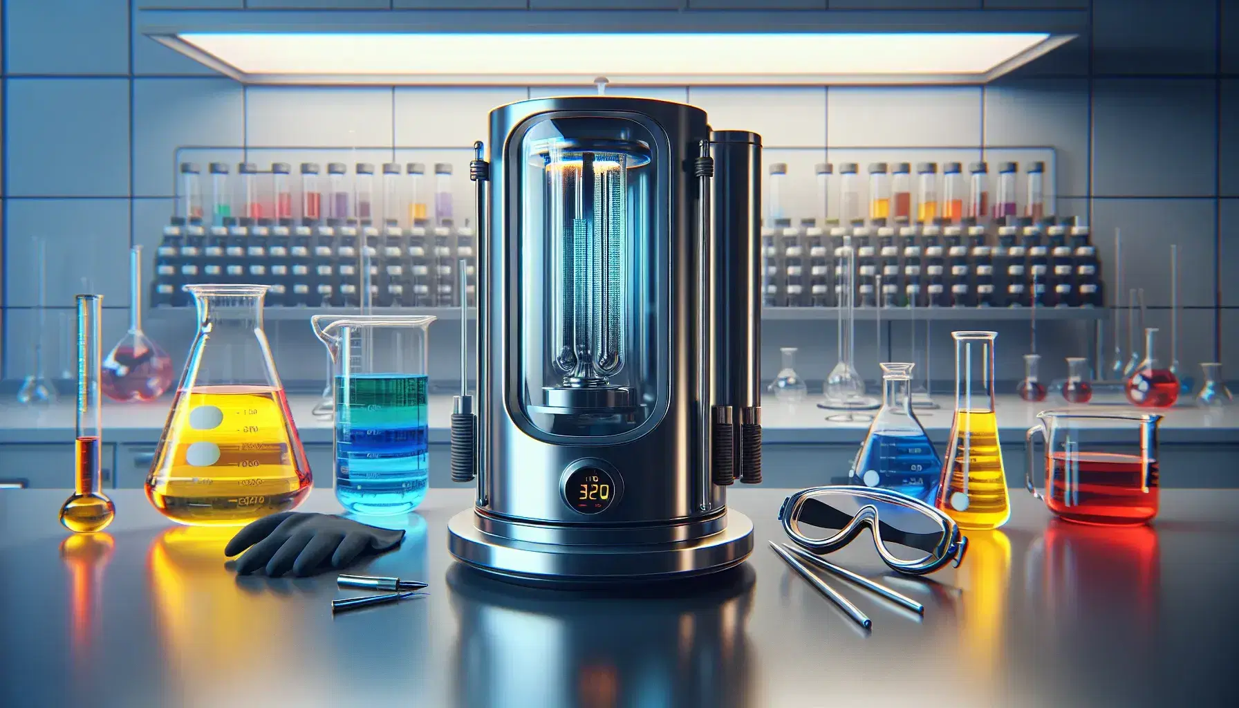 Cylindrical steel calorimeter with insulated wires, beakers with colored liquids and safety glasses on chemical laboratory bench.