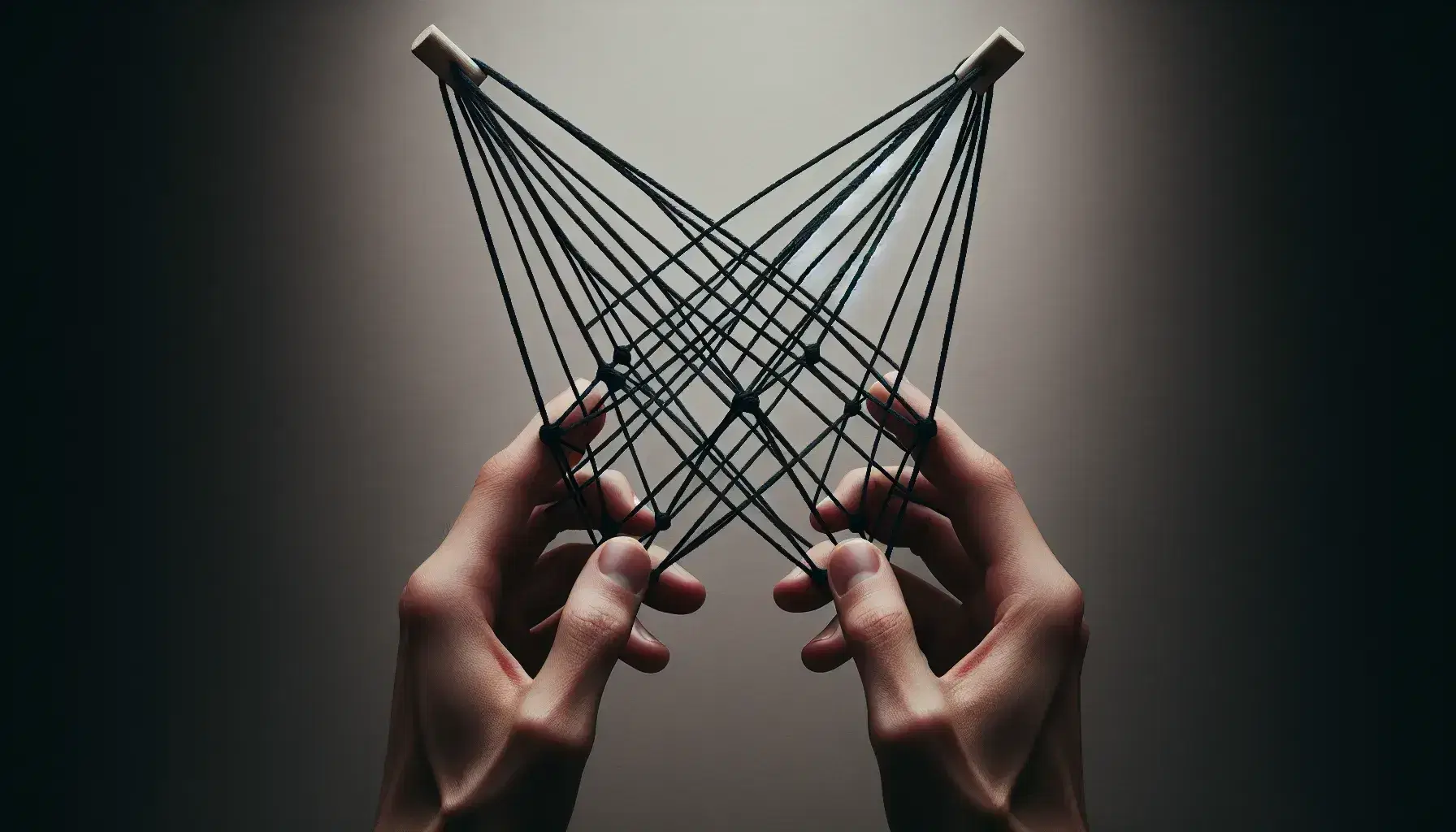 Hands displaying a cat's cradle string figure with black string against a neutral background, highlighting the intricate pattern and diamond shapes.