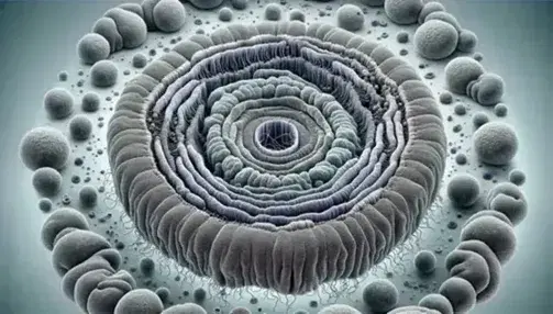 Detailed cross section of a eukaryotic cell nucleus with nucleolus, chromatin, nuclear envelope and nuclear pores.