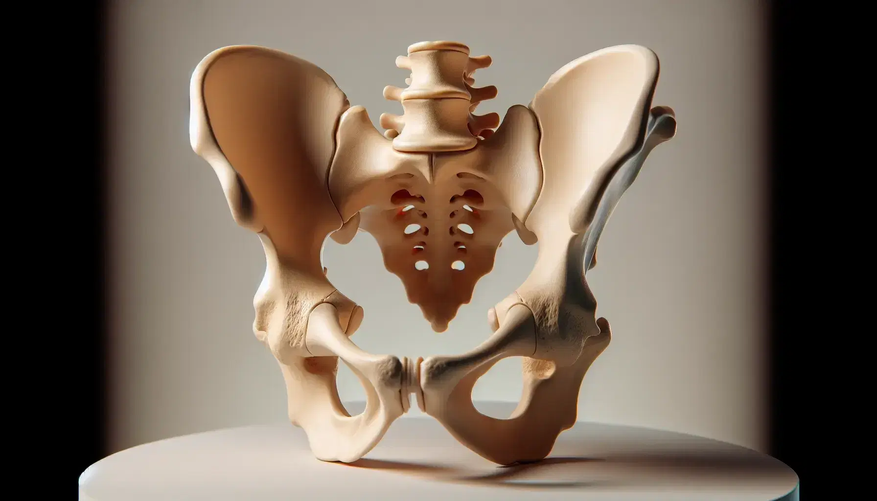 Modelo anatómico tridimensional de la pelvis femenina humana en vista anterior, mostrando sacro, coxis, huesos ilíacos y cavidades de la articulación de la cadera.