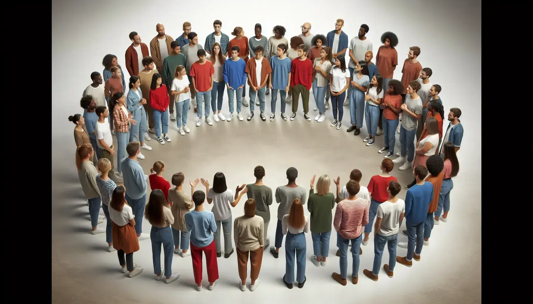 Grupo diverso de personas sonrientes en semicírculo interactuando en un espacio neutro, vestidas casual y formalmente, reflejando unidad y conexión.