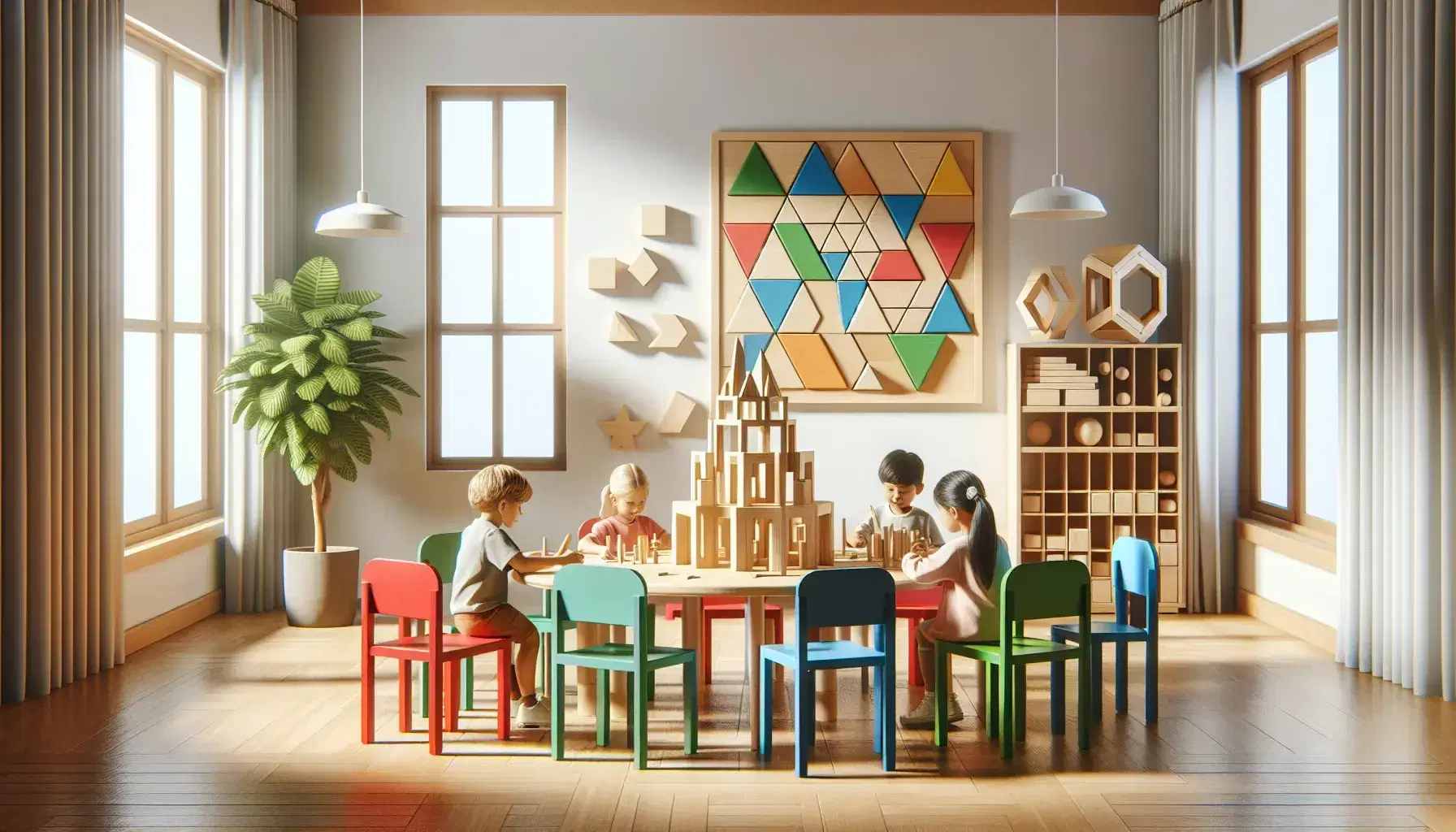 Aula escolar colorida con niños resolviendo puzzles de madera en mesa redonda, rodeados de ventanas con luz natural y planta verde.