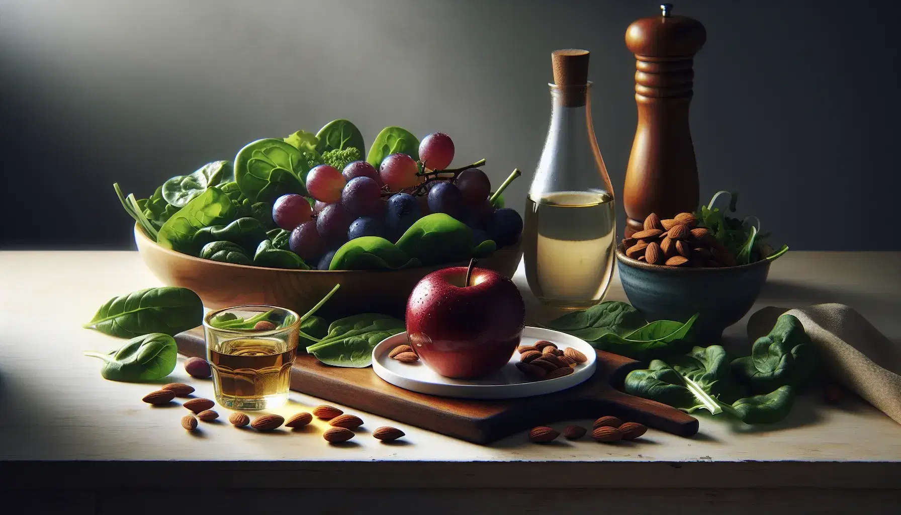 Mesa de madera con alimentos saludables, incluyendo ensalada verde, manzana roja, uvas moradas, almendras y botella de aceite.
